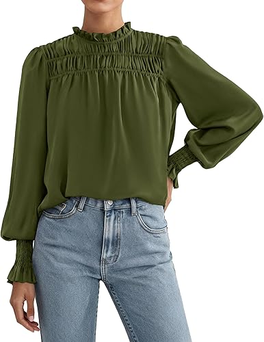 PRETTYGARDEN Blouses for Women Dressy Casual Fall Outfits 2026 Frill Neck Long Sleeve Shirts Satin Work Business Casual Tops(Army Green,Large)
