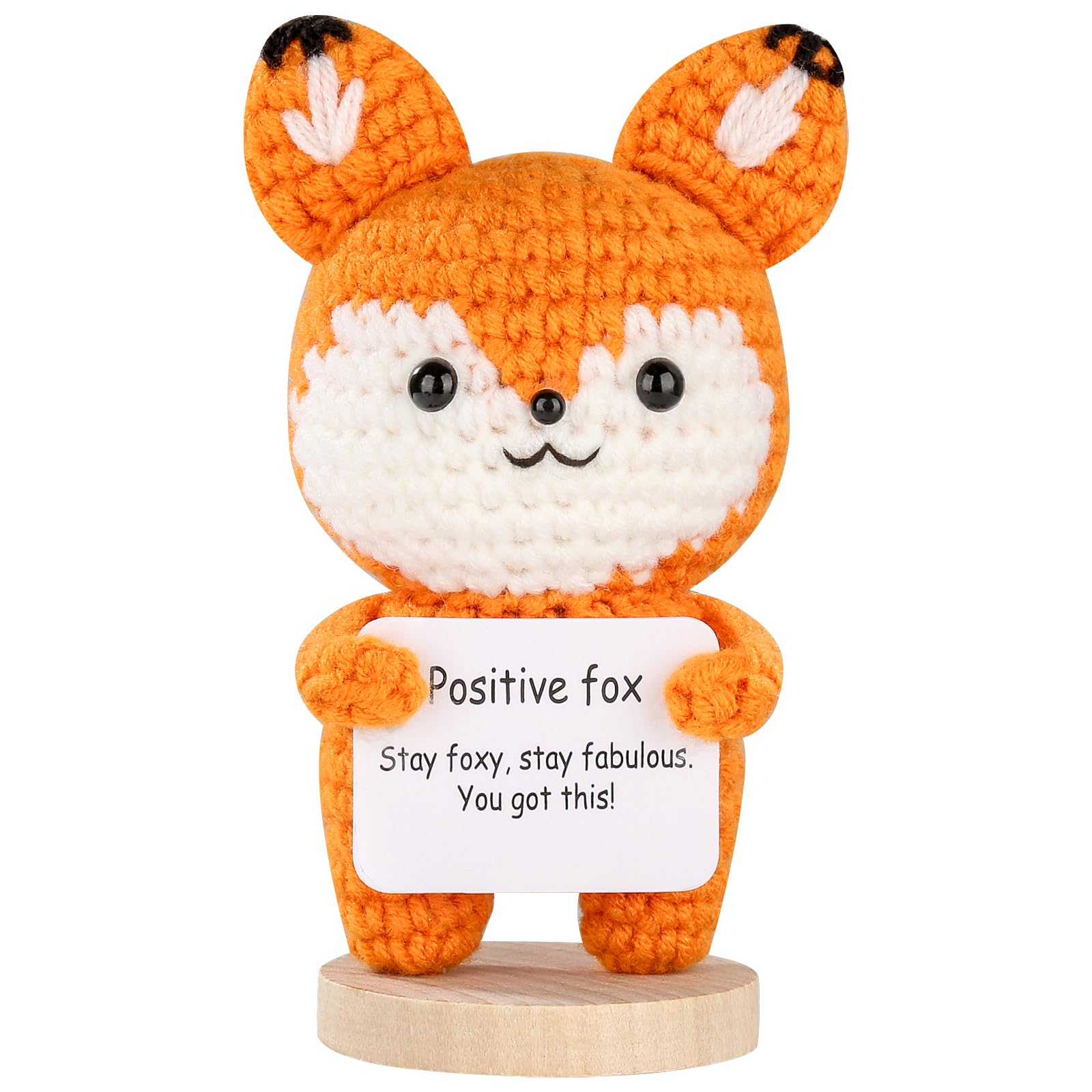 Funny Crochet Positive Fox Toy Plushies– Handmade Emotional Cheer Up Support Knitted with Encouragement Card for Birthday, Cute Fox Home Office Desk Car Dashboard Decor for Adults 15+