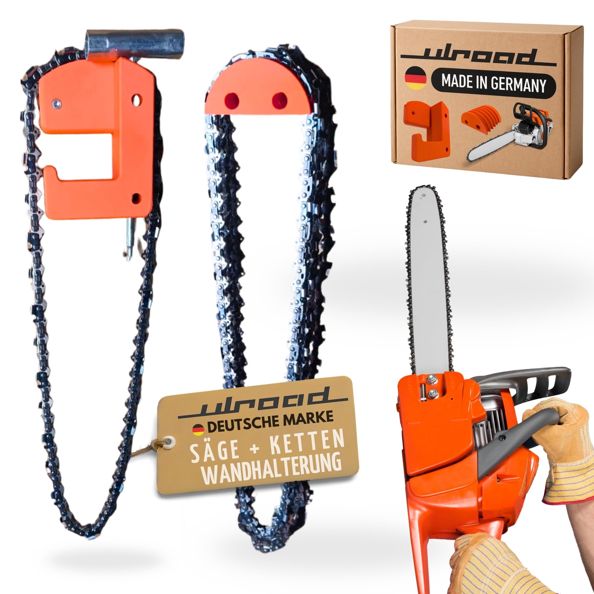 Halterung für Kettensäge + Ketten + Werkzeug I Passend für Stihl Husqvarna Dolmar I Sägeketten Halter Wandhalterung