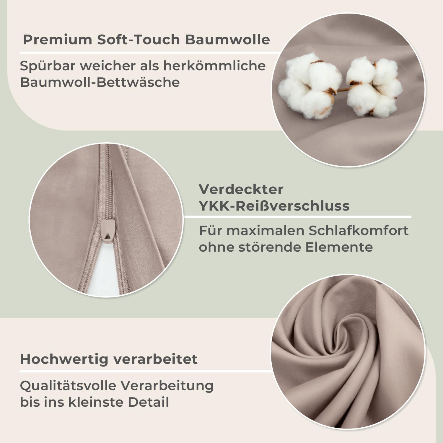 LAYNENBURG Premium Mako Satin Bettwäsche in 135x200 + Kissenbezug 40x80 cm - 100% Baumwolle – Oeko-TEX 100 - kühlende, temperaturausgleichende Sommer-Bettwäsche mit Reißverschluss(Taupe)