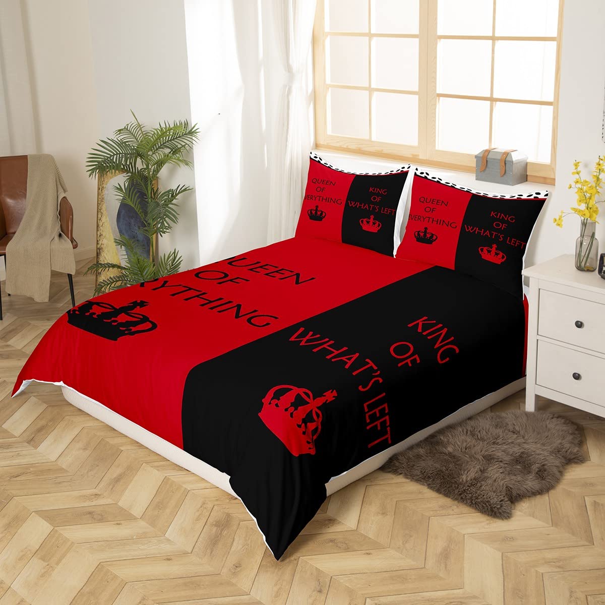 Bettbezug-Set für Paare, Hochzeit, Rot, Schwarz, Bettwäsche-Set, 200 x 200, Queen Of Everything, King Of What's Left, Bettbezug, Paare, Geschenke, Verlobung, Brautpaar, Geschenke für Sie und Ihn