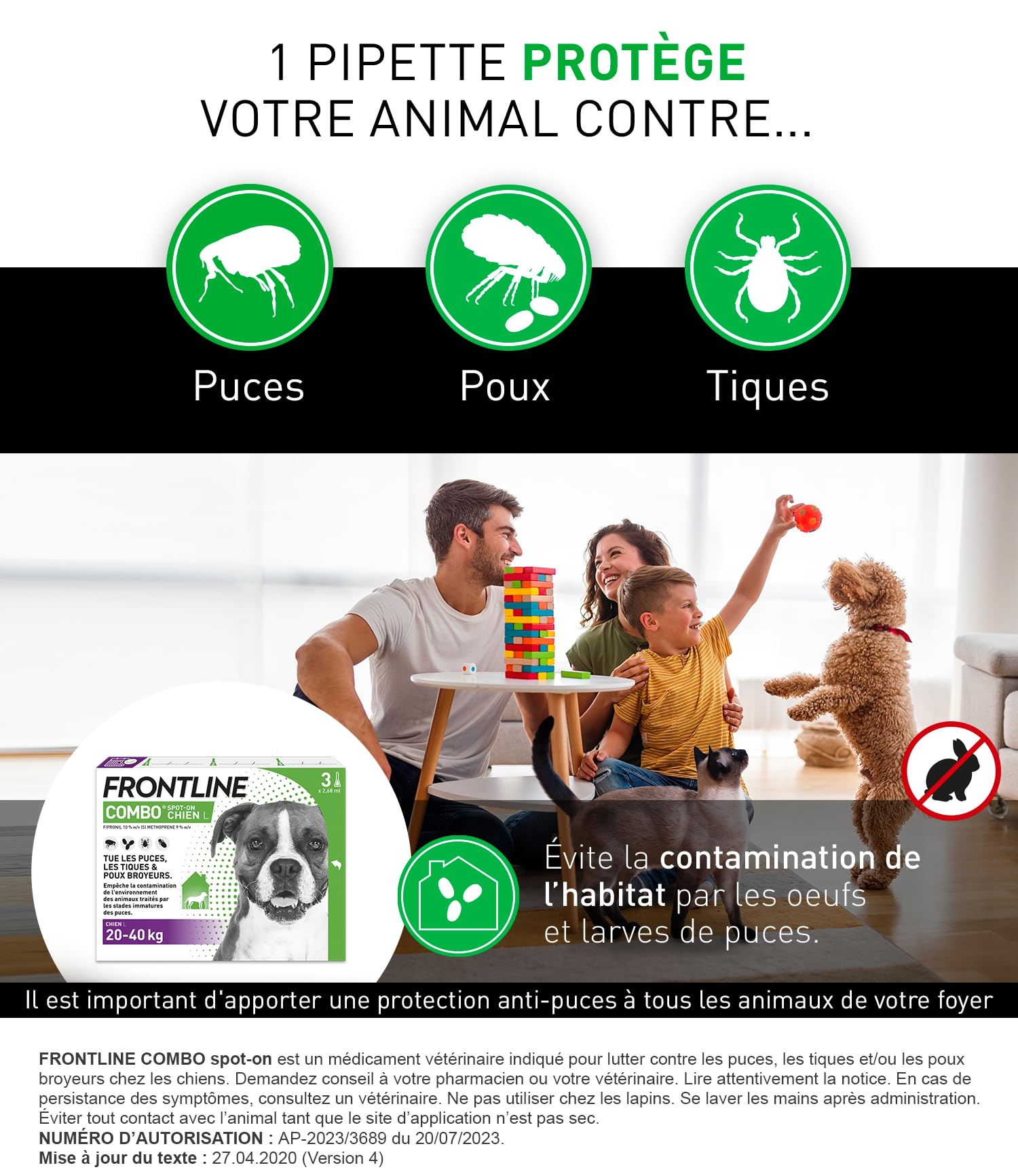 FRONTLINE Combo Chien - Anti Puces, Tiques, Poux broyeurs - Protège L'Habitat* - Élimine Puces Pendant 8 Semaines/Tiques Pendant 4 Semaines - Pour Chien 20 à 40 kg - 3 Pipettes Spot-On