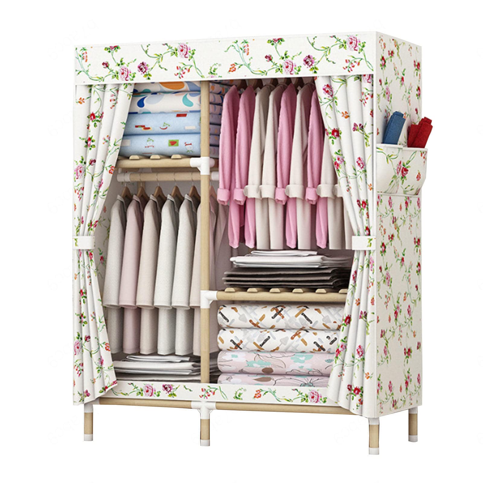 Leinwand-Kleiderschrank, Stoff-Kleiderschrank, tragbare Kleiderschrank-Regale für Schlafzimmer, Kleiderschrank-Aufbewahrungsorganisator mit Kleiderstange und Seitentaschen, B-100 x