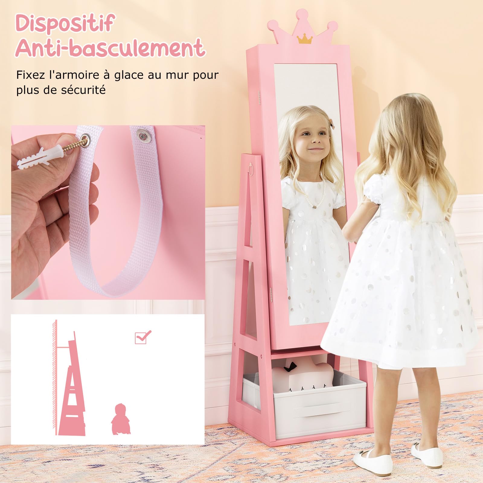 DREAMADE 3 en 1 Armoire à Bijoux Enfants en Bois,Organisateur de Bijoux Enfant avec Miroir Pleine Longueur,Tiroir Pliable,Anti-Bascule,Crochets,Meuble sur Pied Motif Couronne pour Filles (Rose)