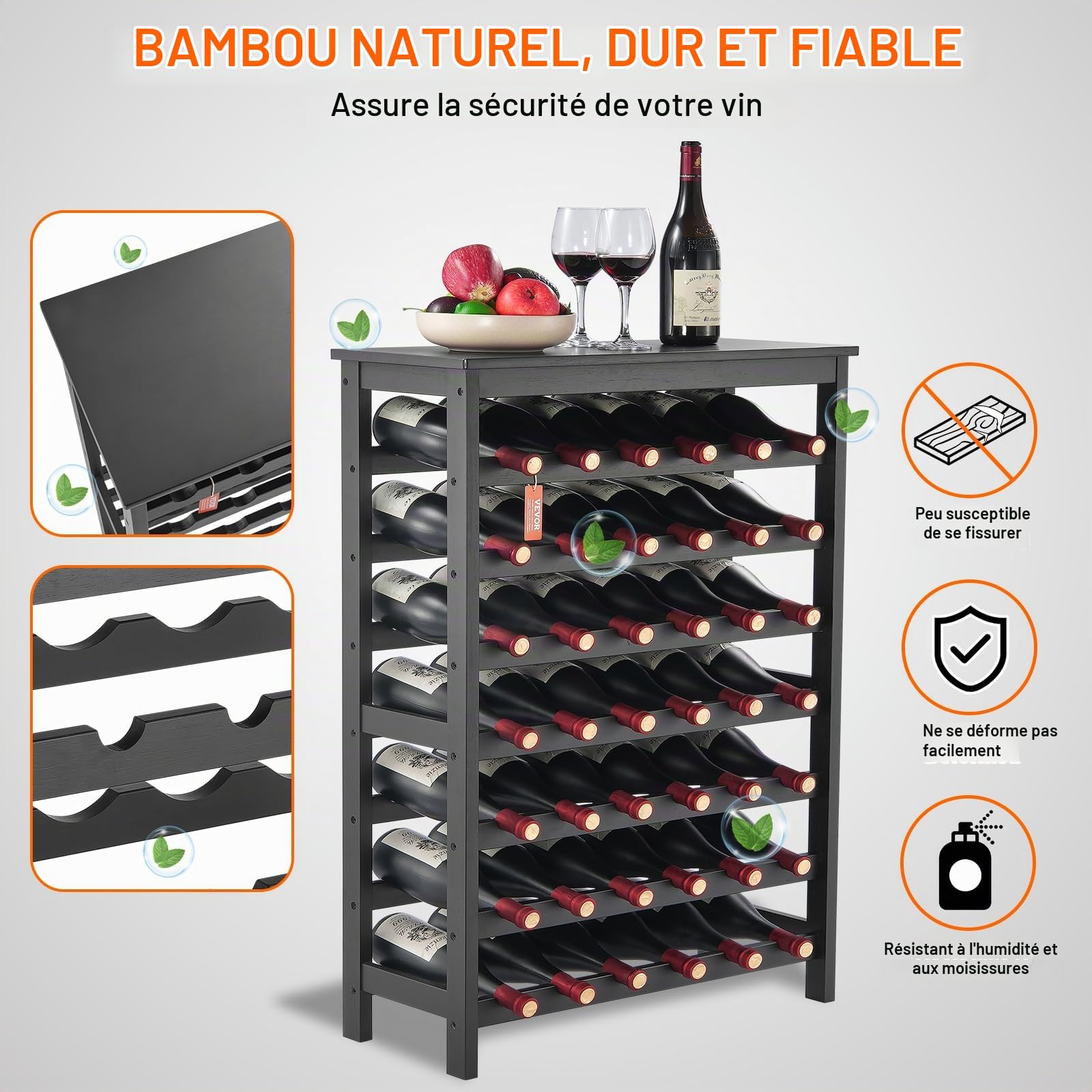 VEVOR Étagère à Bouteilles Modulaire 42 Bouteilles, Casier à Vin Empilable 7 Niveaux, Range Bouteilles en Bambou Massif avec Comptoir, Rangement Présentation de Vin pour Cuisine Garde-Manger Cave Bar