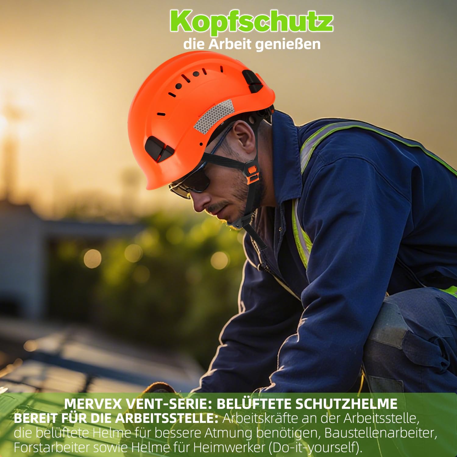 GREEN DEVIL Mervex Vent Set - EN397 zertifizierter Arbeitshelm für BAU & Industrie, 6-Punkt Aufhängung + Helmleuchte mit Bewegungssensor