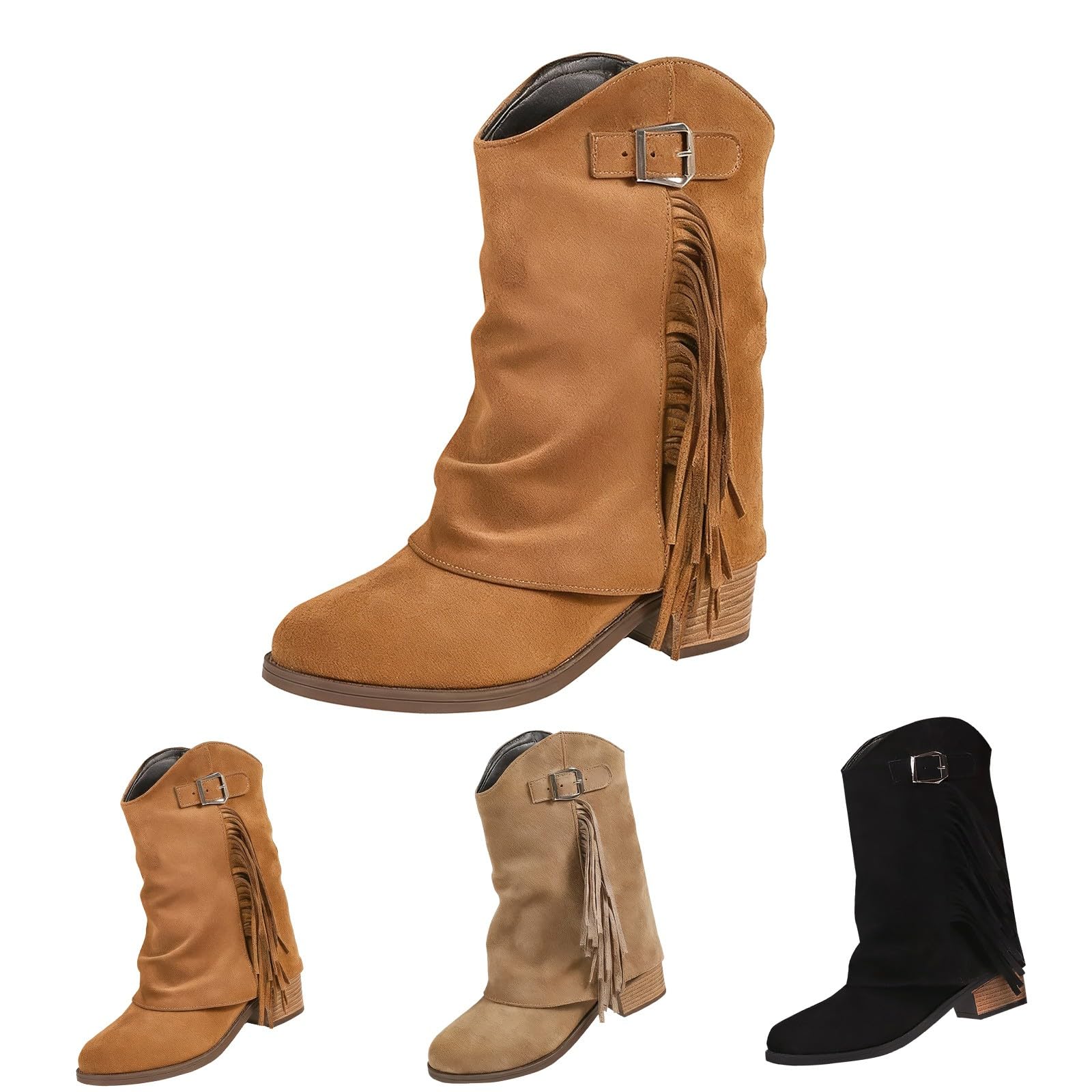 Stivali da cowboy da donna, a metà polpaccio, stile western, con tacco a blocco, bassi antiscivolo, scarpe vintage casual con fibbia, calzature per attività all'aperto, per concerti di musica country