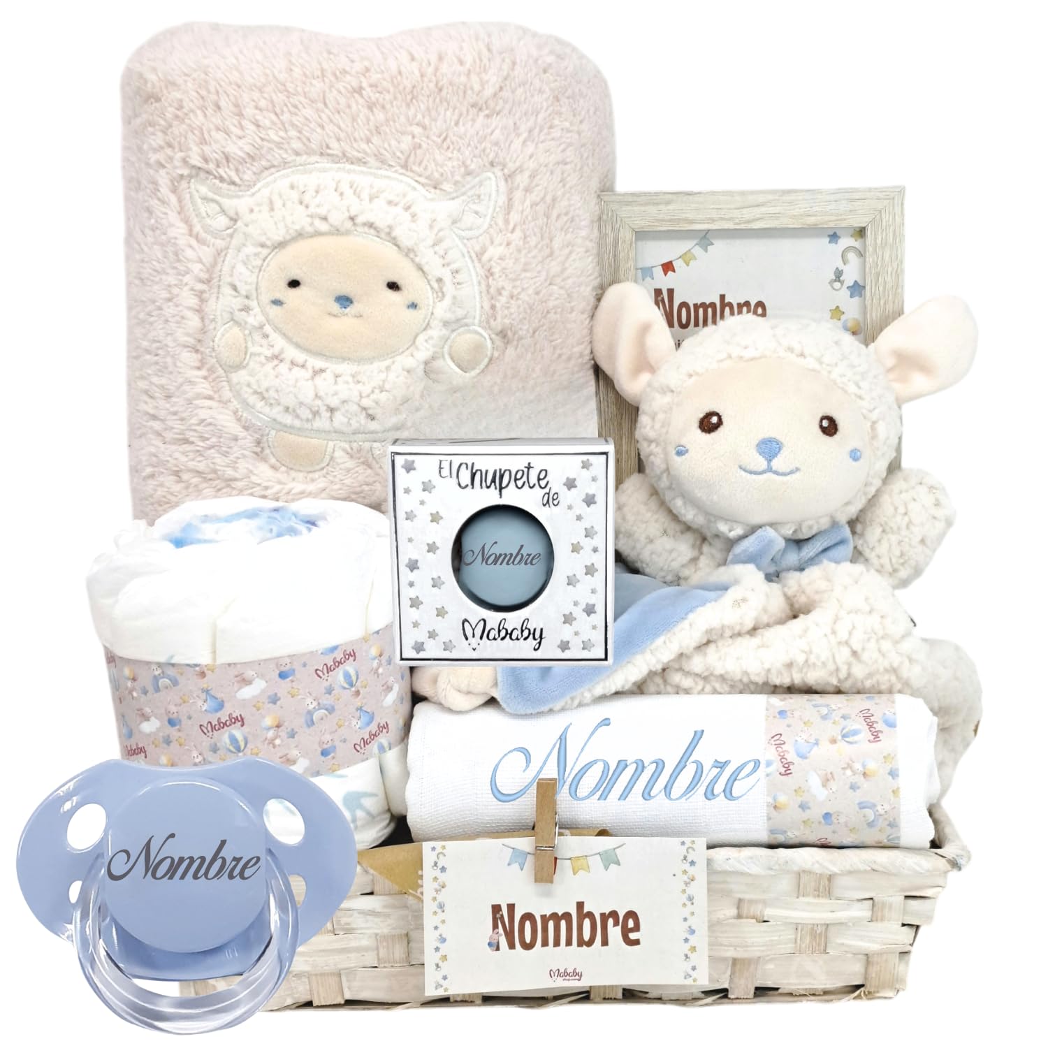 Cesta Bebé Recién Nacido Niño My Sheep Personalizada (Azul) | Set personalizado con dou dou ovejita, manta suave, muselina de algodón, chupete con nombre y pastel de pañales.