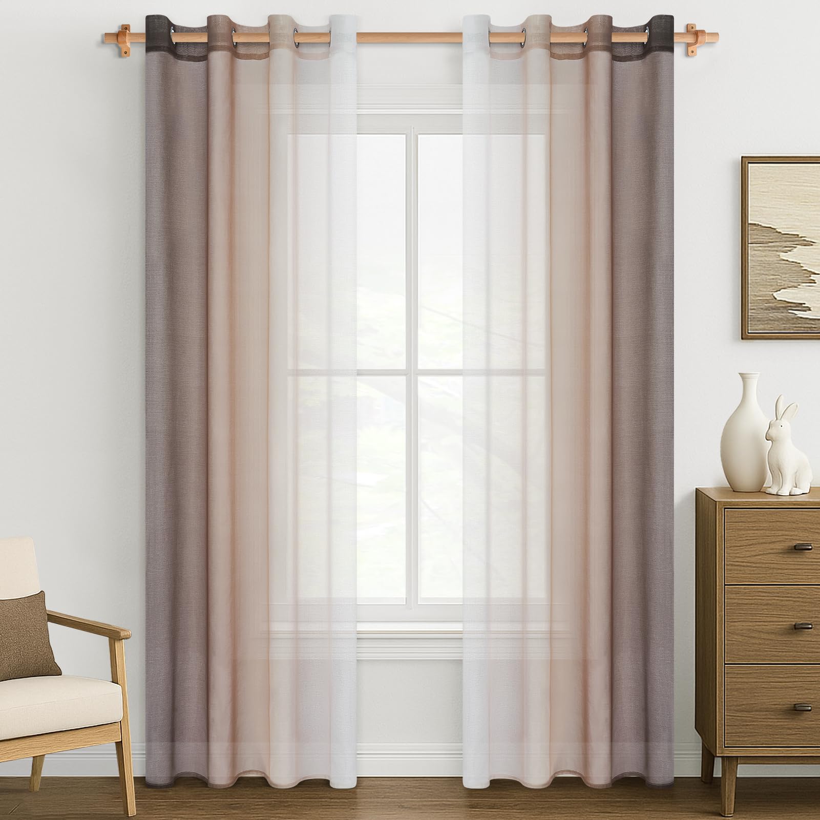 MRTREES Voile Gardinen mit Farbverlauf Transparent Vorhang Kurz Leinenoptik Tüllvorhang mit Ösen Modern für Dekoration Kinderzimmer Wohnzimmer Schlafzimmer Grau 2er-Set
