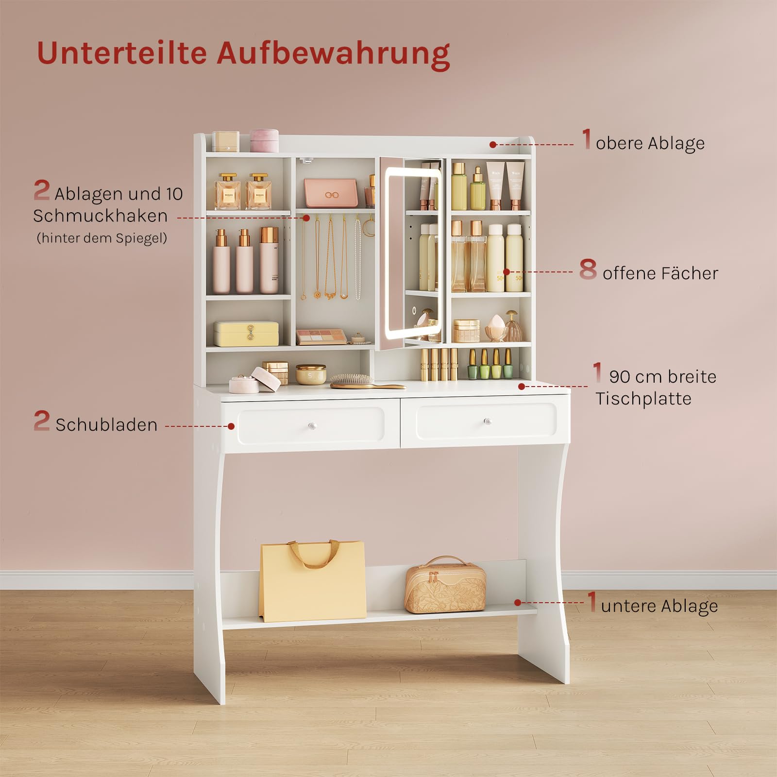 WOLTU Schminktisch mit Spiegel und Beleuchtung, 3 Lichtfarben, Frisiertisch mit offenen Ablagen & 2 Schubladen & 10 Haken hinter dem Spiegel, modern für Schlafzimmer, Weiß