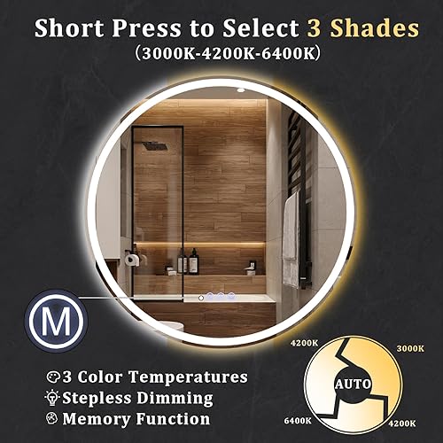 Miniatura 3 de BEAUTYPEAK Espejo redondo LED para baño con luces, espejo redondo de 30 x 30 pulgadas con marco de metal, antivaho, espejo LED con luz frontal y
