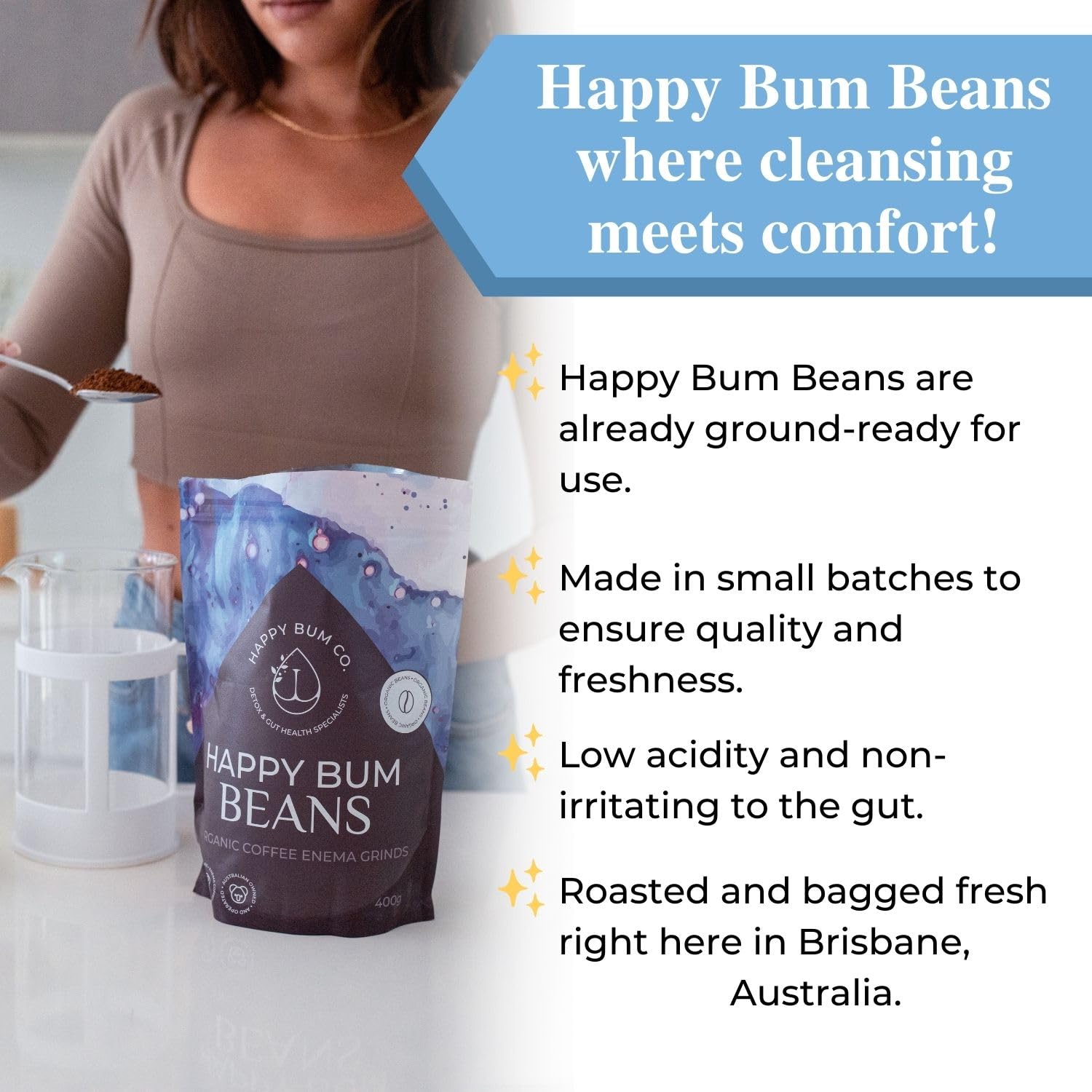 Happy Bum Coffee Enema Beans | Medium Roast Enema Coffee Organic Detox with Higher Palmitic Acid, Mold-Free and Low Acidity for Gentle Detox and Gut Health (400g)