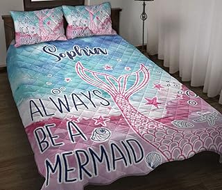 Personalized Mermaid Quilt Set, Pink Blue Mermaid Scale Ocean Girls Wome...