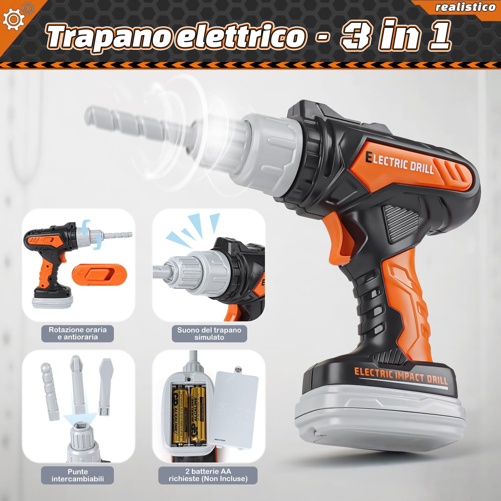 Vanplay Attrezzi Giocattolo per Bambini Modello di Lusso, Regalo Giocattolo per Bambini Piccoli dai 3, 4, 5 anni con Trapano Elettrico, Motosega, Smerigliatrice Angolare, Sega Circolare, Borsa Portaog