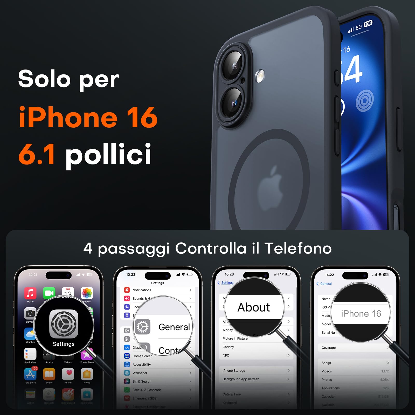 TOCOL Cover Magnetica per iPhone 16 6,1 Pollic, Compatibile con MagSafe, Protezione Fotocamera Integrata, Custodia Antiurto Traslucida Opaca, Nero