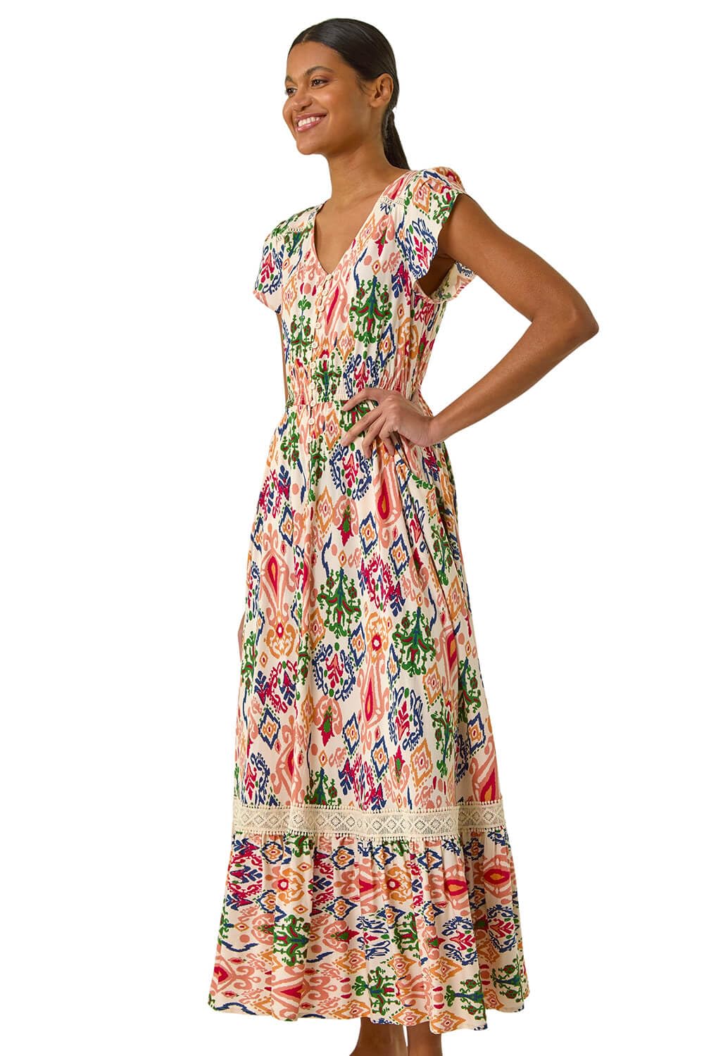 Roman Women's Orange Abstract Button Through Maxi Dress In | Size: 18