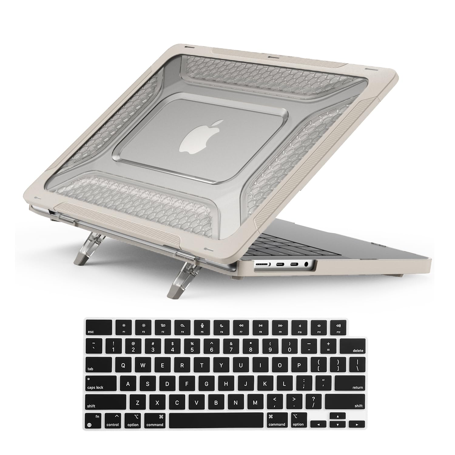 KEROM Heavy Duty Case for MacBook Air 13 inch 2021 2020 2019 2018 Release M1 A2337 A2179 A1932, Protective Rugged TPU Bumper Hard Shell Case with Foldable Kickstand & Keyboard Cover, Beige
