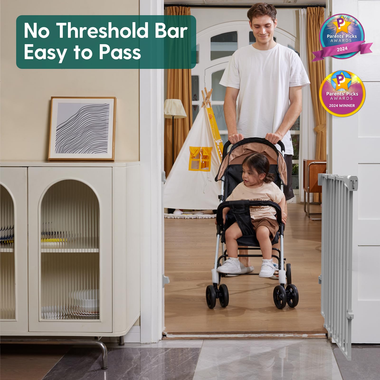 Babelio Puerta de bebé para escaleras y puertas, 26-43 pulgadas de ancho 34 pulgadas de alto, extra alta, sin barra inferior, fácil instalación, operación con una sola mano, cierre automático, montaje