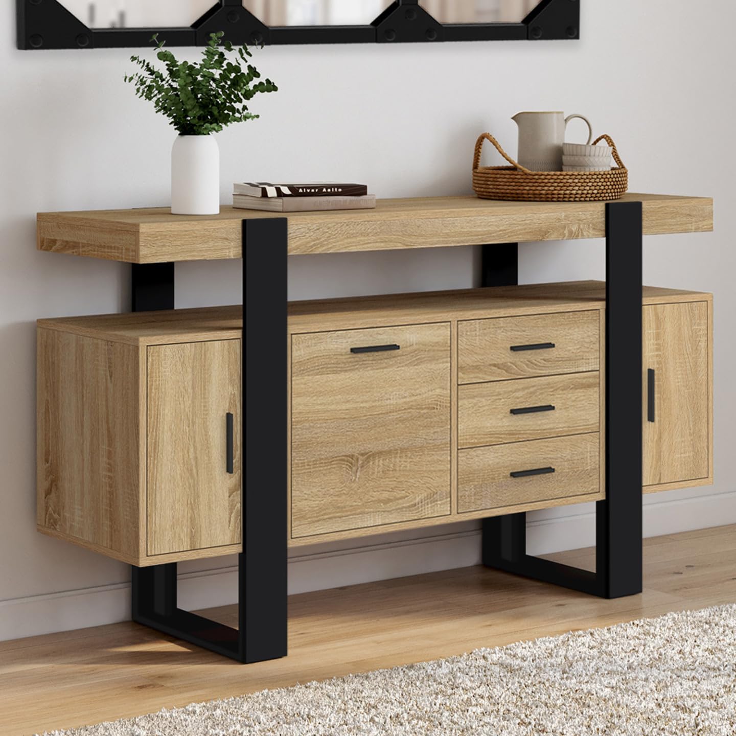 IDMarket - Aparador PHOENIX 140 cm con 3 puertas y 3 cajones en madera y negro