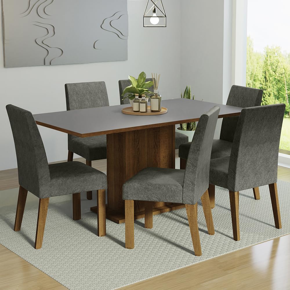 Madesa 6 Seater Dining Set with Fully Cushioned Rectangular Table Top Sturdy Wooden 160 Cm for Dining Room and Kitchen - Brown/Gray