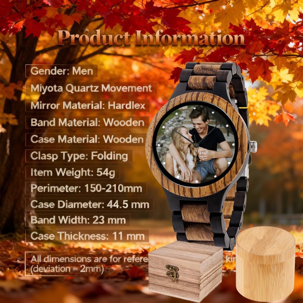 Personalized Customized Wooden Watch for Men Original Engraved Photo Natural Wood Watches with Adjustable Wristband for Birthday Anniversary Present for Husband Dad Son or Boyfriend (Colorful) - Image 4