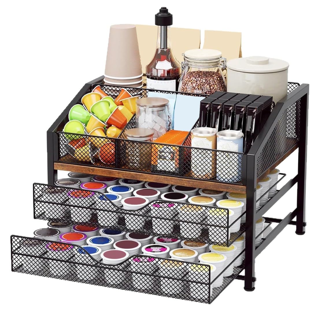 Vjsujehgy Coffee Bar Organizer for Countertop with Metal and Wood Holder, Includes Removable Divider Storage Basket for Coffee Station