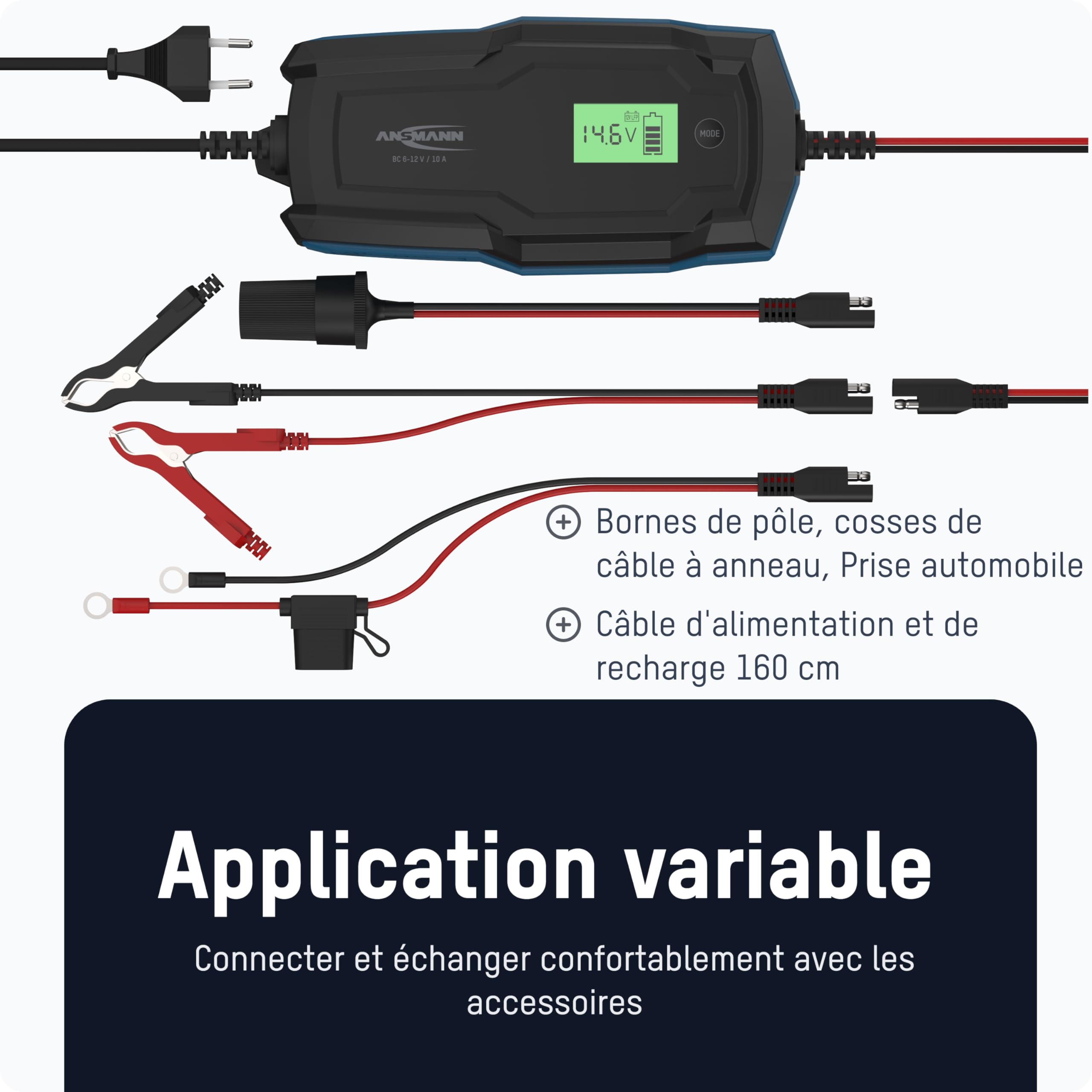 ANSMANN Chargeur Intelligent à 10 étapes 6V 12V / 10A avec écran LCD pour Batteries Plomb-Acide, Plomb-Gel et Plomb-Lies, Ainsi Que Batteries 12V LiFePo4 pour Voiture, Moto et camionnette