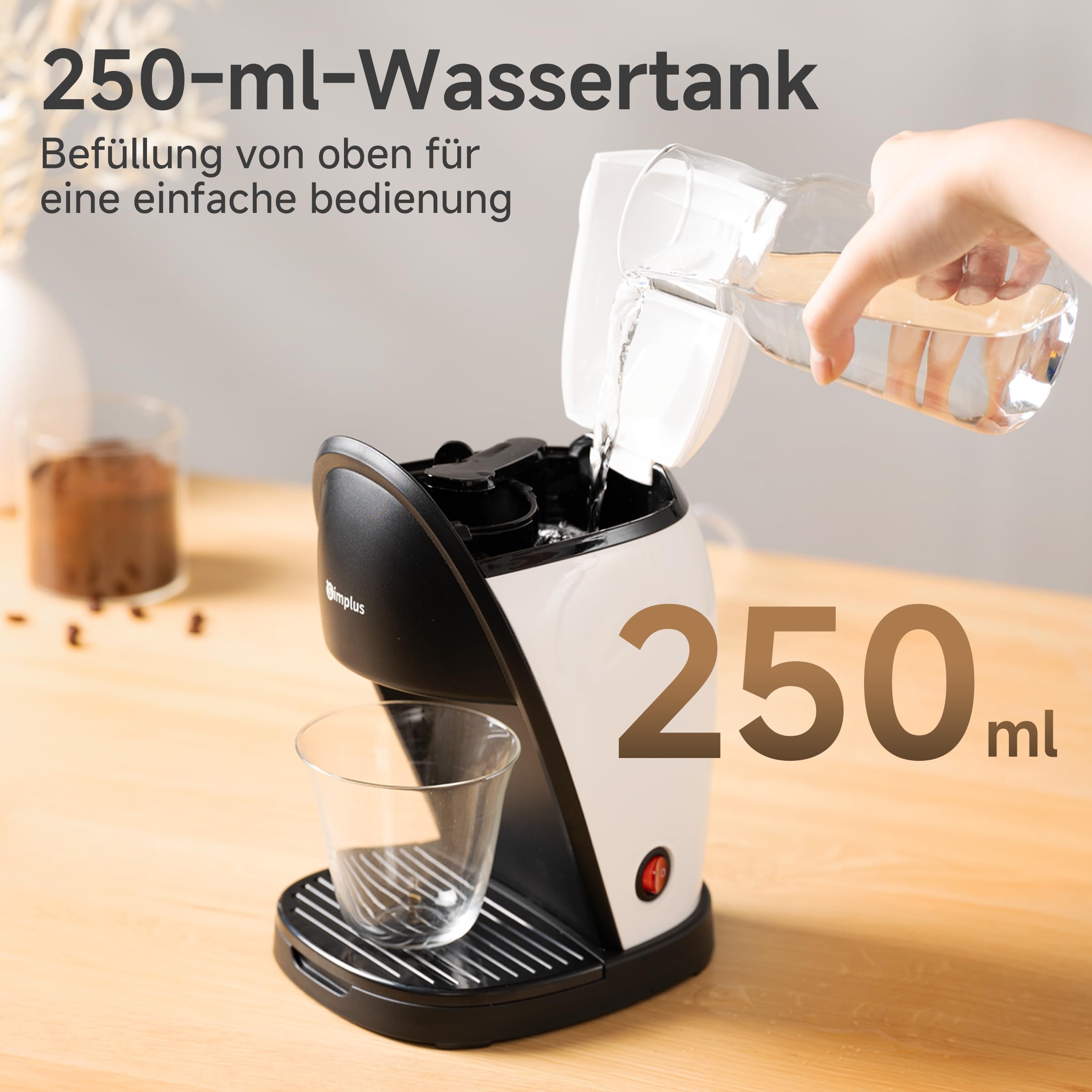 SIMPLUS Mini Filterkaffeemaschine für 2 Tassen, Kleine Kaffeemaschine mit Dauerfilter, 250ml Wassertank, 4-Minuten Brühzeit, Ein-Knopf Bedienung, Kompakte Kaffeemaschine für Büro, Küche