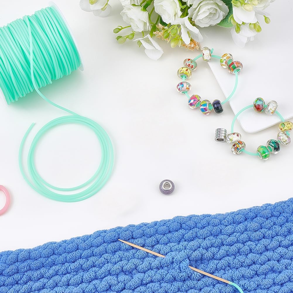 CRASPIRE 54.68 Yards 2mm Hollow Pipe Rubber Tube Cords Barber Cord for Knitting Stitch Holder Tubing 1mm Hole Rubber Cord with Spool Aquamarine for Bracelet Jewelry Making DIY Crafts Bead Creation