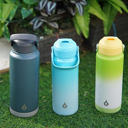 Miniatura 7 de BJPKPK Botella de agua con tapa con pajilla, botellas de agua aisladas al vacío de 32 onzas, termo de acero inoxidable de metal para deportes,