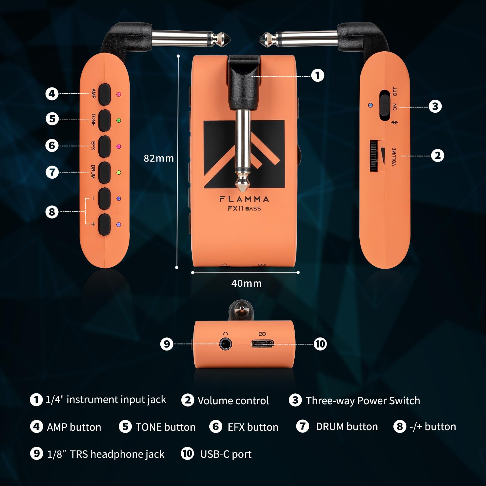 FLAMMA Bass-Kopfhörer-Verstärker, tragbarer Modellierungs-Kopfhörer-Verstärker mit 28 Trommelrillen, 7 Ampere-Modelle, integrierte Effekte, 5-Ton-Farbunterstützung, Bluetooth, USB-Audio-Aufnahme und