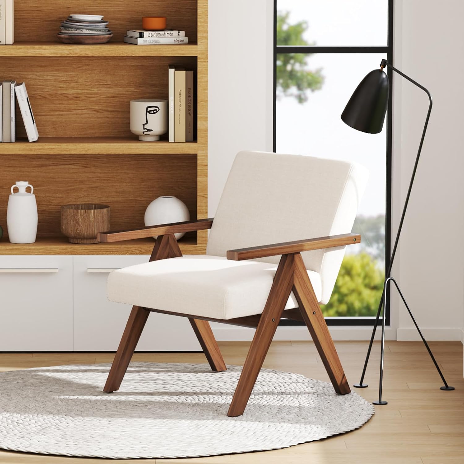 KOMFOTT Upholstered Accent Chair, Mid-Century Modern Living Room Chair with Acacia Wood Frame & Padded Cushion, Comfy Reading Leisure Chair, Linen Fabric Armchair for Small Spaces, Bedroom, Beige