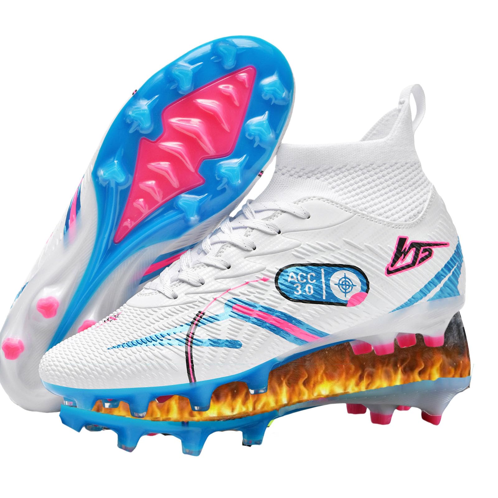 HESBITEUL Soccer Cleats Faux Fur for Winter: High Top Football Cleats for Firm Ground - Warm Insulated Soccer Boots for Snow Training White