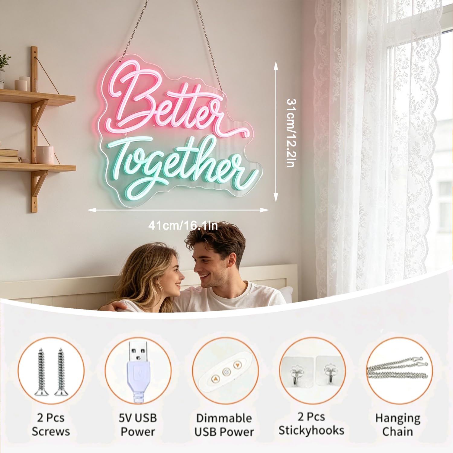 Better Together Neon Schild, Wand Schild für Wanddekoration Led Neonschild, Spruch Neon Sign USB-betrieben, Wand Zubehör Dekoration für Schlafzimmer, Hochzeit, Party, Geschenk für Paare