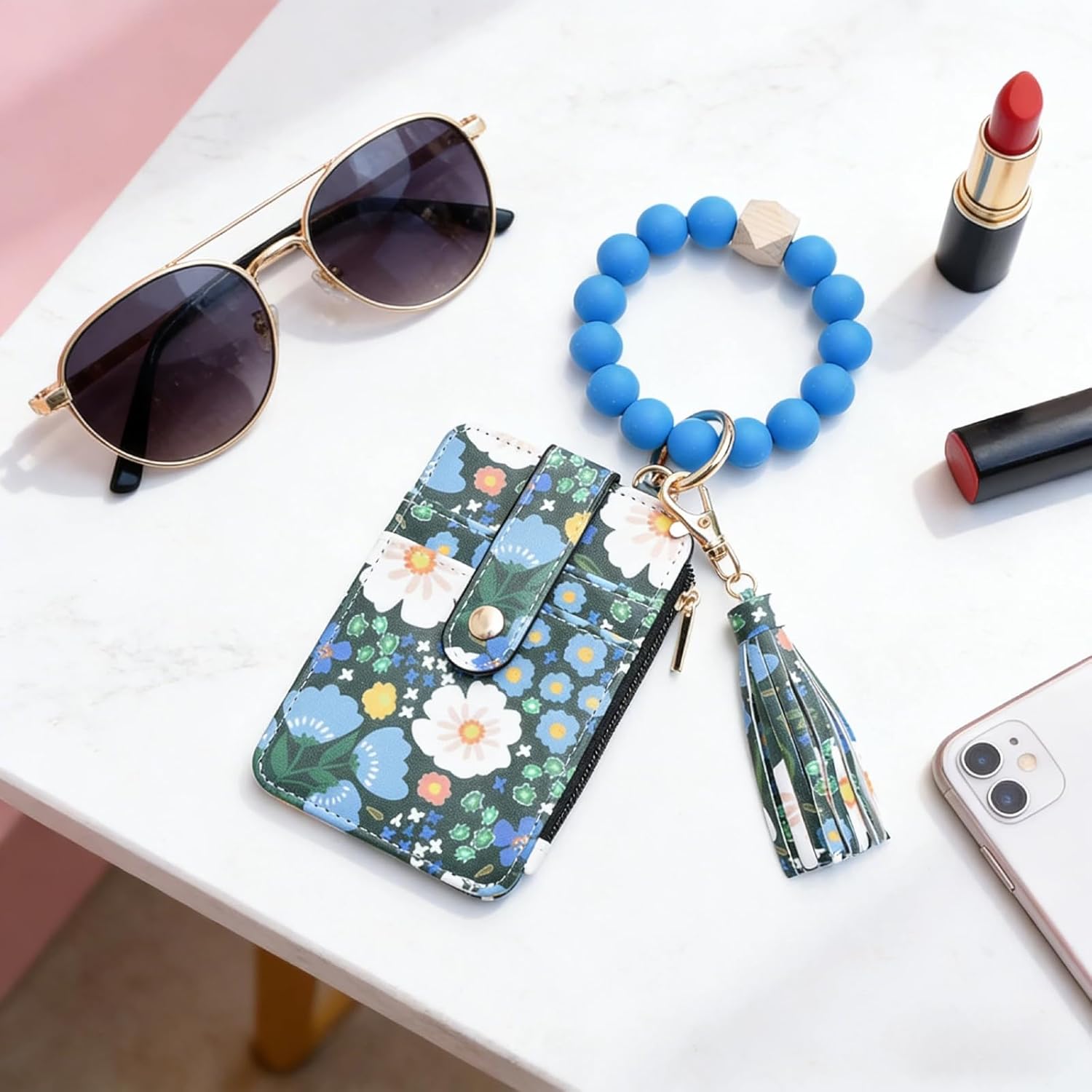 Flower Keychain Wristlet Wallet for Women, Cute Silicone Beaded Credit Card Holder Key Ring Bracelet Wallet - Image 7