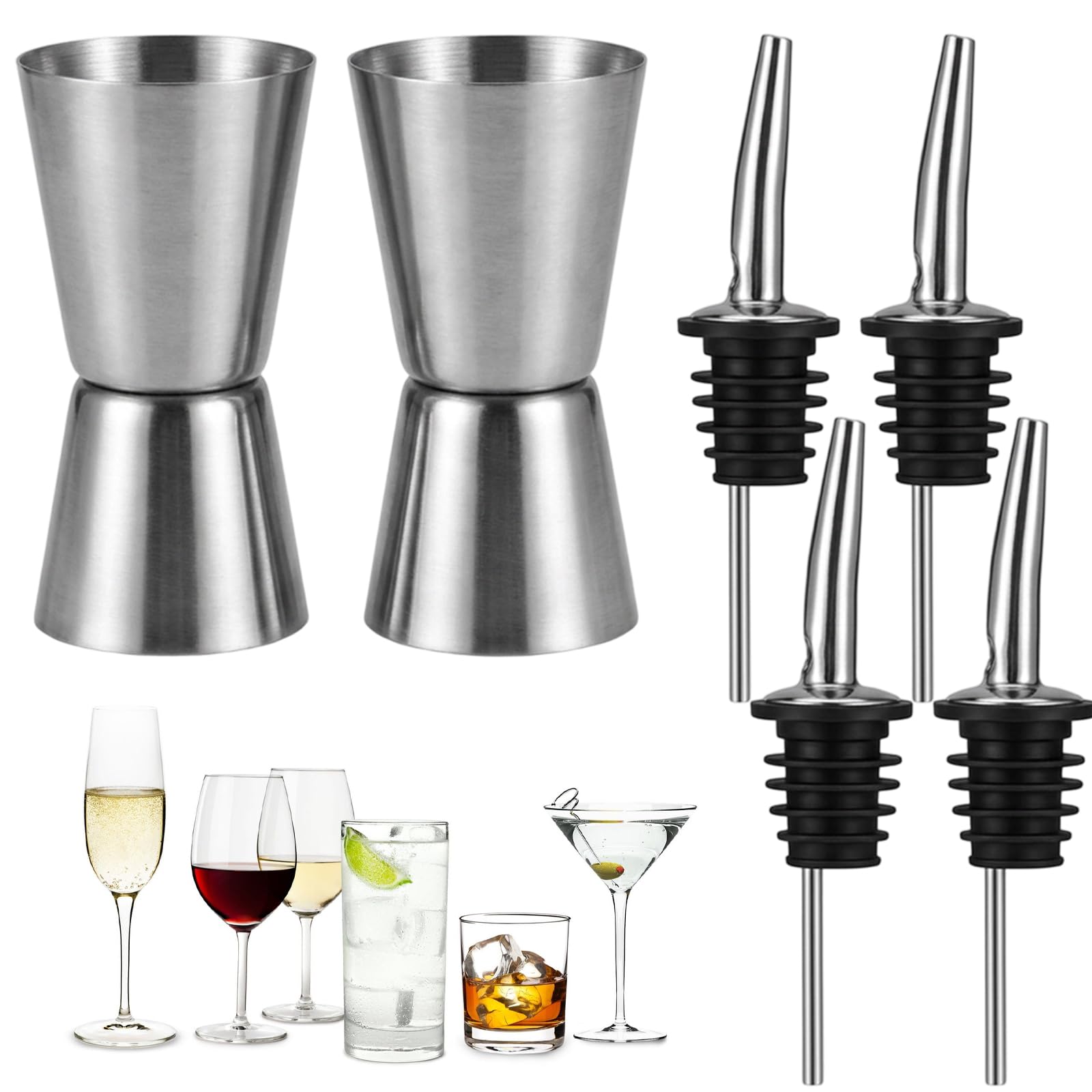 2Pcs Spirit Measure with 4Pcs Bottle Pourers for Spirits