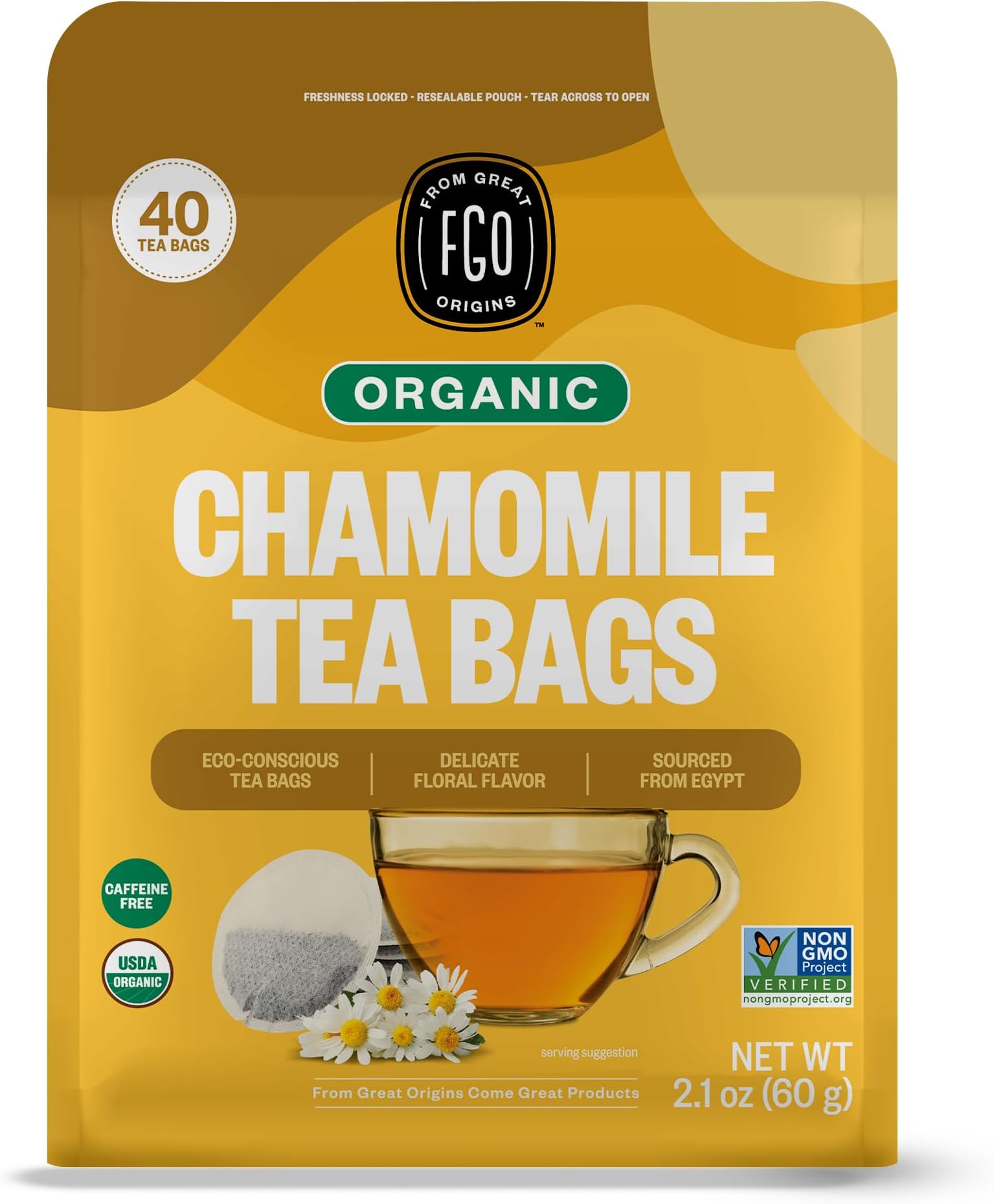 FGO Organic Chamomile Tea, 40 Count, Eco-Conscious Tea Bags, Resealable Bag (Pack of 1)