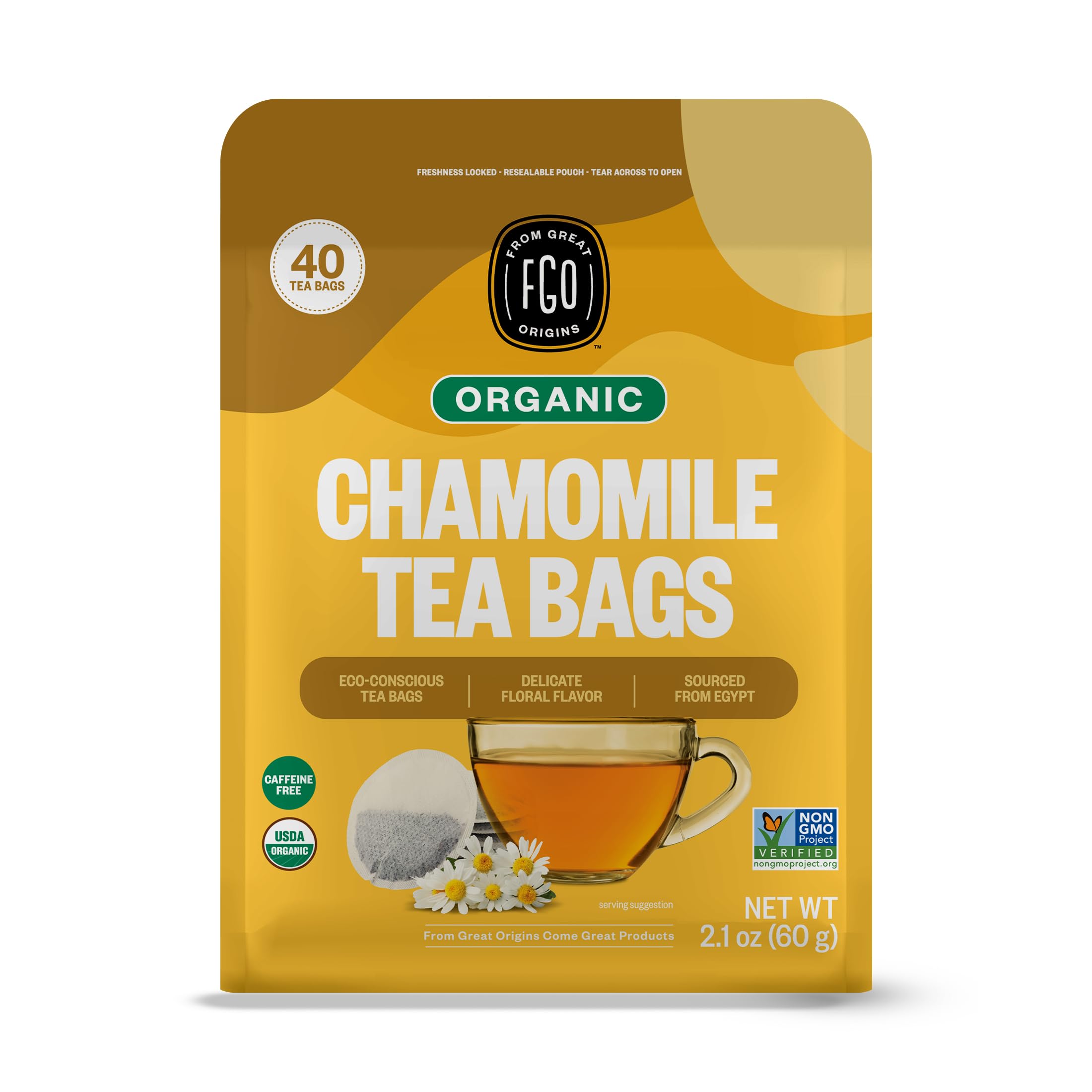 FGO Organic Chamomile Tea, 40 Count, Eco-Conscious Tea Bags, Resealable Bag (Pack of 1)