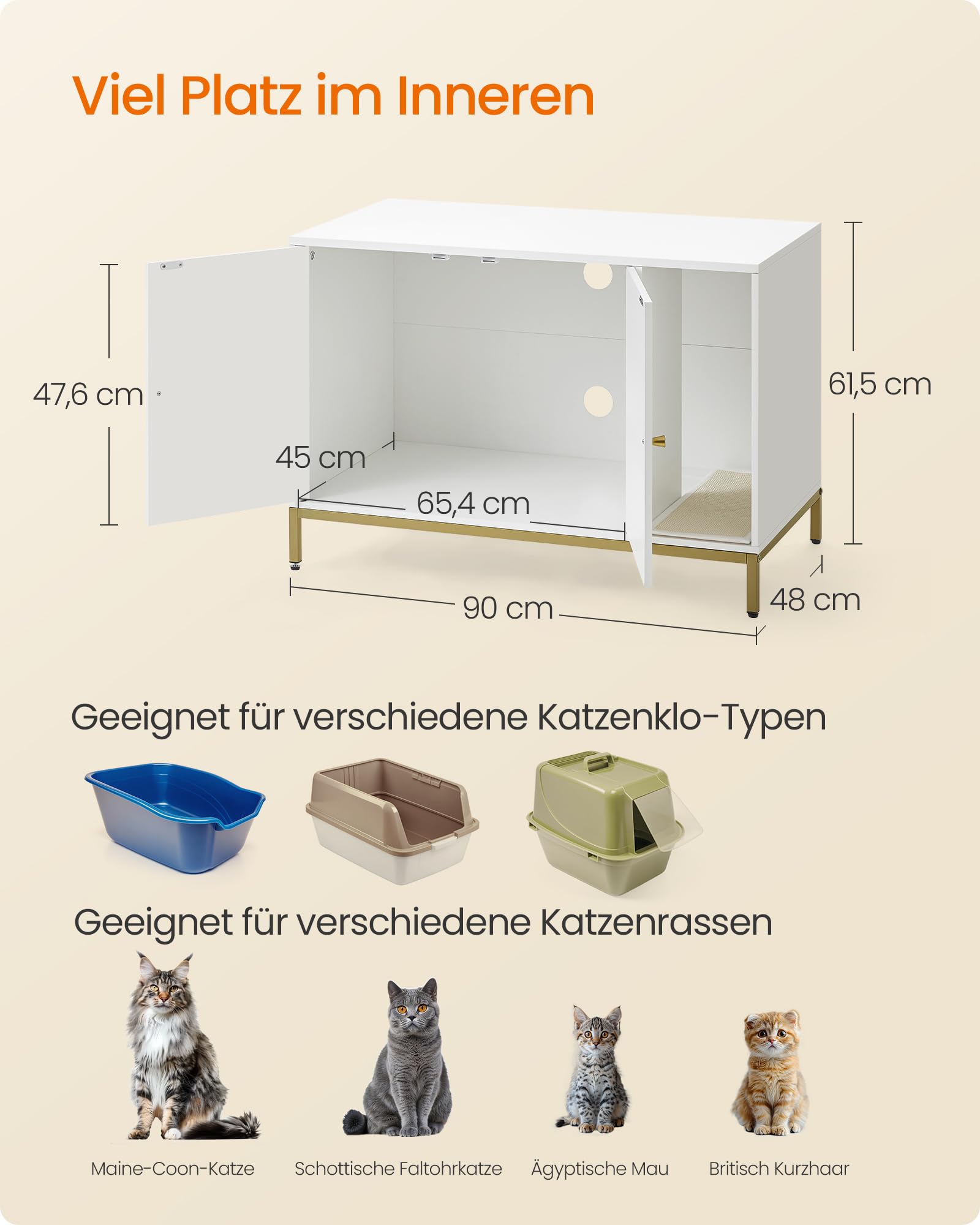 Feandrea Katzenklo-Schrank, Katzenhaus, Katzentoilette, mit Kratzmatte, hohe Beine, für Katzen, Beistelltisch, 90 x 48 x 61,5 cm, weiß-goldfarben PCL027W01