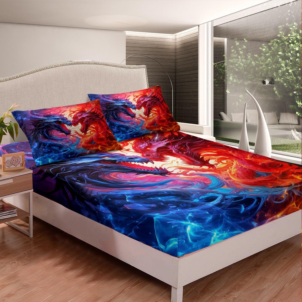 Red Blue Dragon Fitted Sheet Queen Size,3D Water and Flame Dragon Bedding Set for Kids Boys Men Teens Bedroom Decor,Wild Animal Bed Sheet Western Magical Style Deep Pocket Sheet,2 Pillowcases