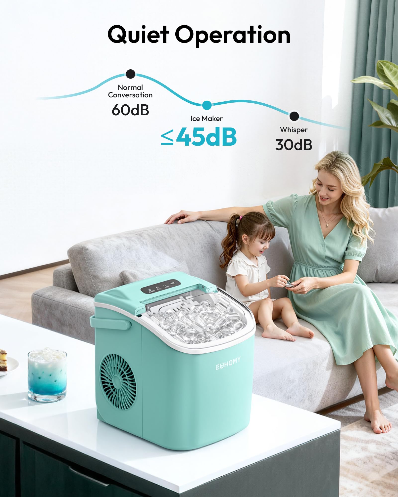 EUHOMY Countertop Ice Maker Machine with Handle, 26lbs Per Day, 9 Ice Cubes Ready in 6 Mins, Auto-Cleaning Portable Ice Maker with Basket and Scoop, for Home/Kitchen/Camping/RV (Green) view 8