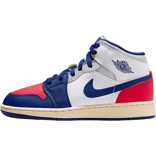 Air Jordan 1 Mid Big Kids' Shoes (White/University Red/Neutral Grey/Deep Royal Blue)