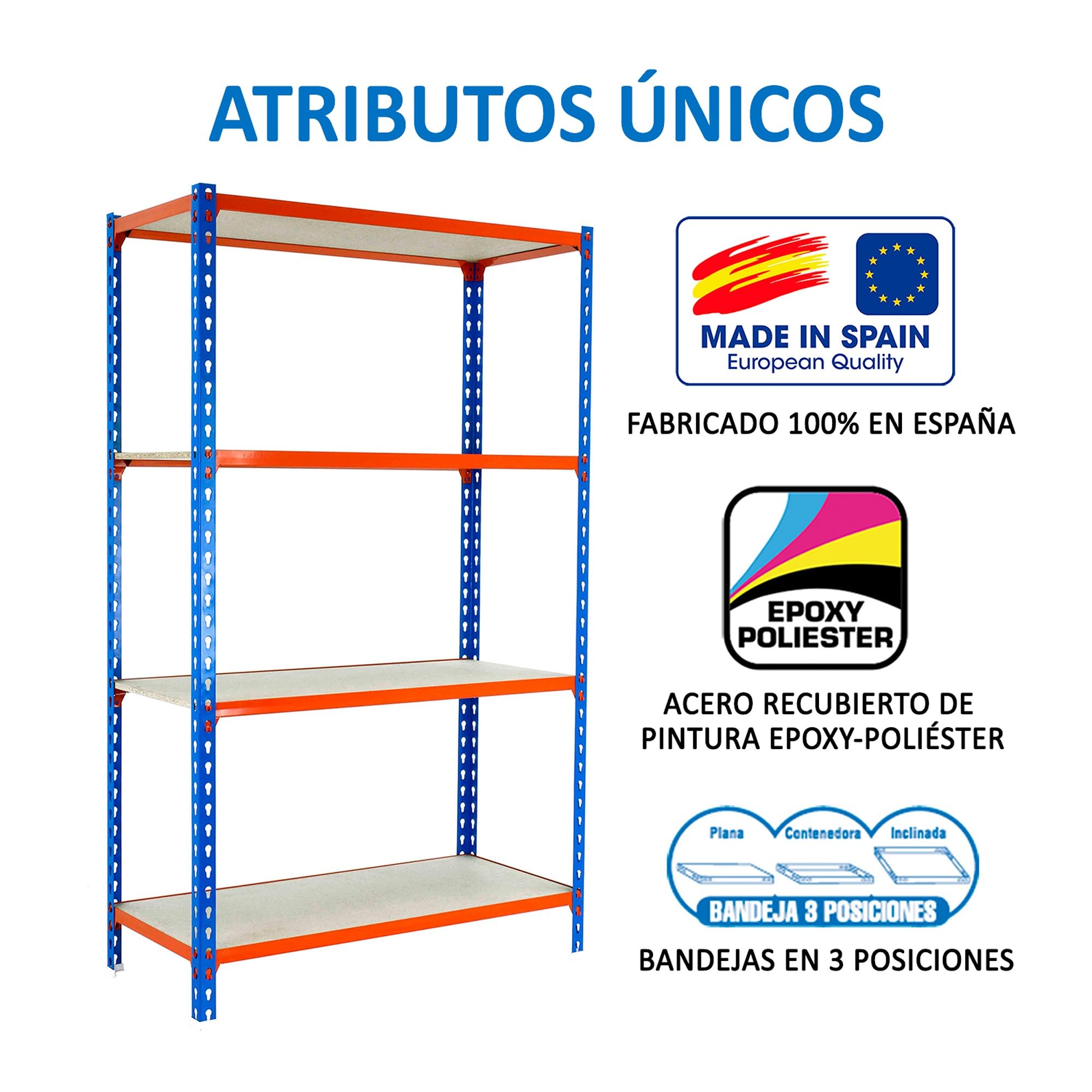 SimonRack Estanteria Metalica, 4 Baldas Madera Ajustables, 150 kg de Punto Flexión, 1500x1000x400 mm, Estantería Almacenaje, Sin tornillos, Azul/Naranja/Madera - Maderclick | 4 Alturas, Bandeja Madera, 150 kg de Punto Flexión, Azul/Naranja , Pintura antic