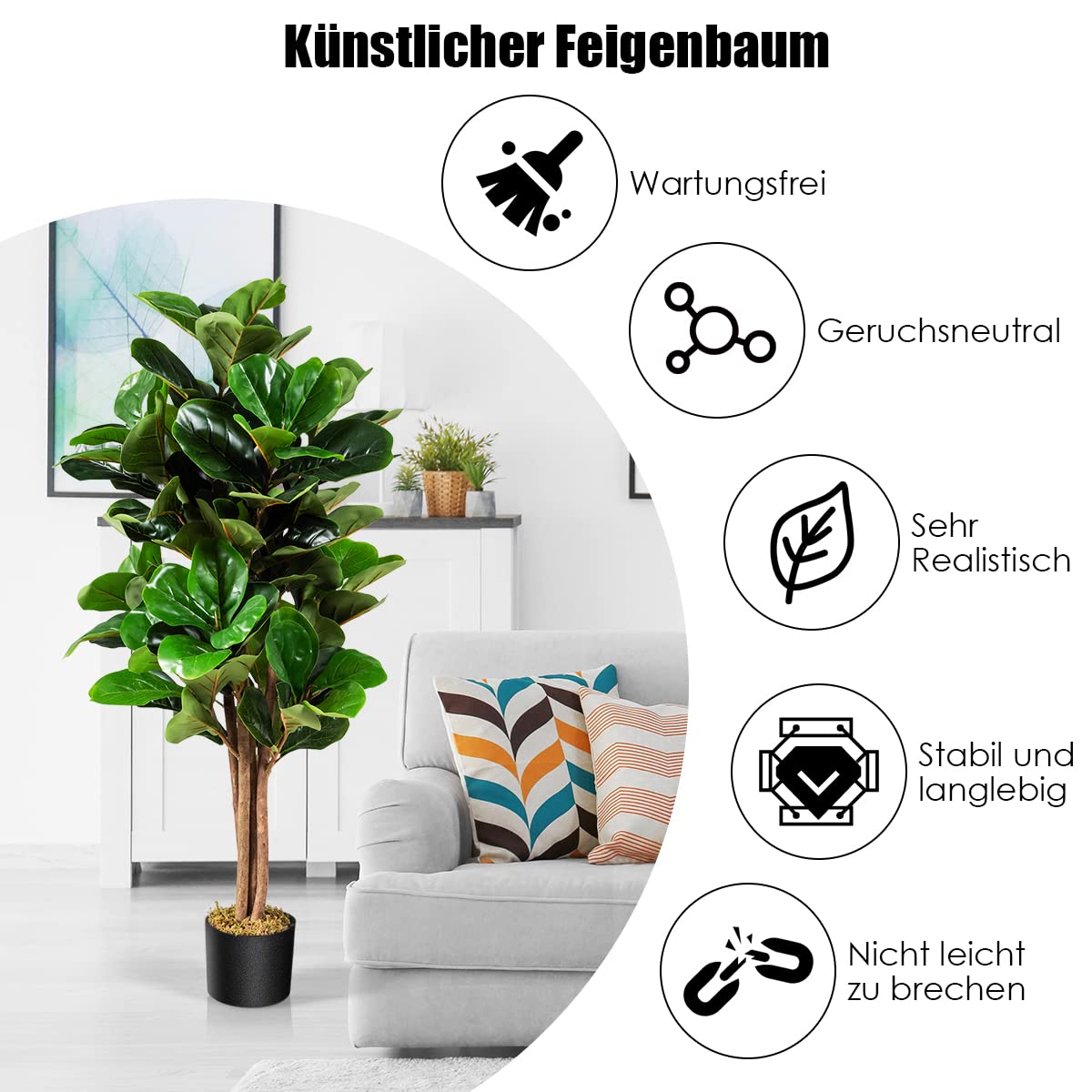 COSTWAY 120 cm Künstliche Pflanze, Kunstpflanze Feigenbaum, Kunstbaum mit Topf, Dekopflanze Zimmerpflanze, Dekoration für Zuhause und Büro, Grün