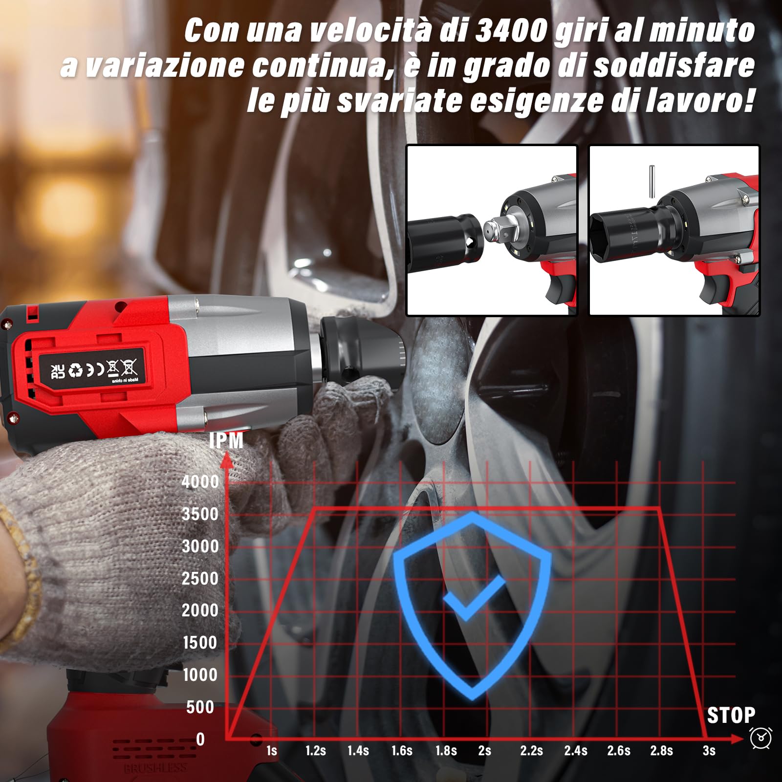 21V Avvitatore a Impulsi Brushless,Chiave Elettrica 3 in 1,3400 RPM, coppia massima di 550 N.M ,con 4 bussole, 12 punte per cacciavite, batterie da 3Ah, per il settore automobilistico e per la casa