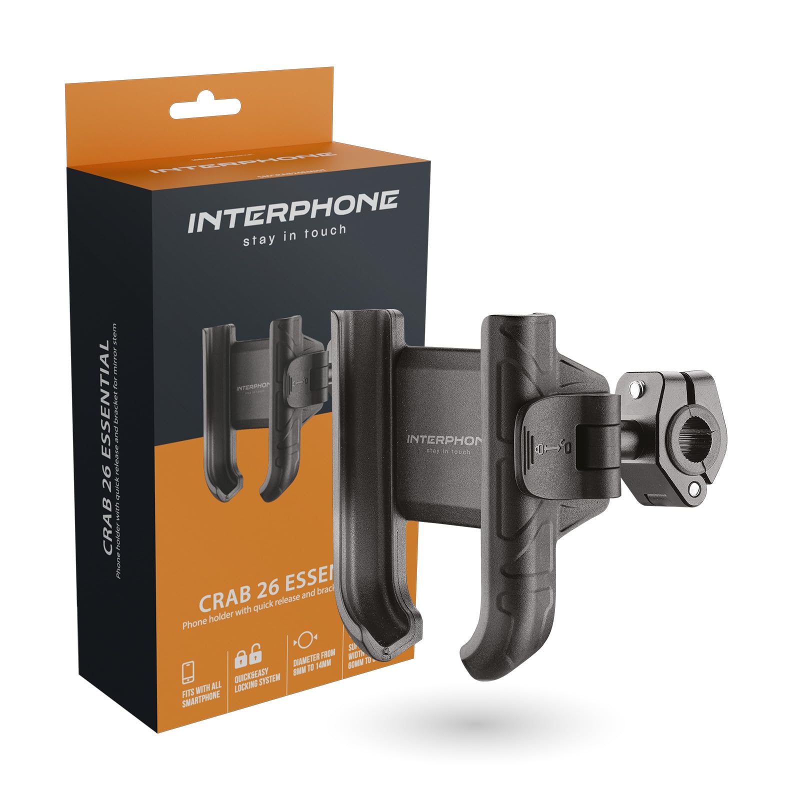 INTERPHONE - Supporto Crab 26 Essential portatelefono da stelo specchietto e traversino da scooter e moto con sgancio rapido, inclinazione regolabile, sicuro per utilizzo del tuo Smartphone in viaggio