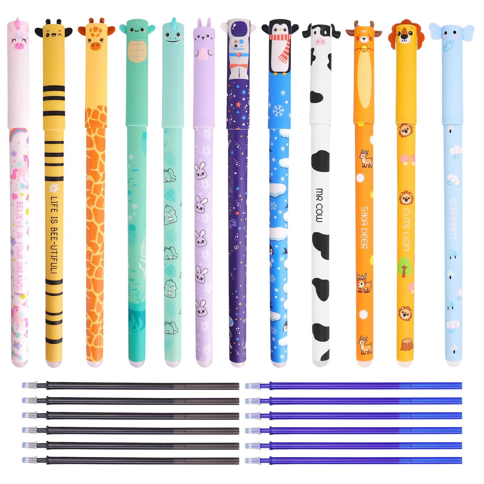 LINXINS 12 Color Erasable Pens Animals Set, 12 Rub Out Pens + 12 Refills (Blue and Black), 0.5mm Rub Out Gel Pen for School Office Supplies