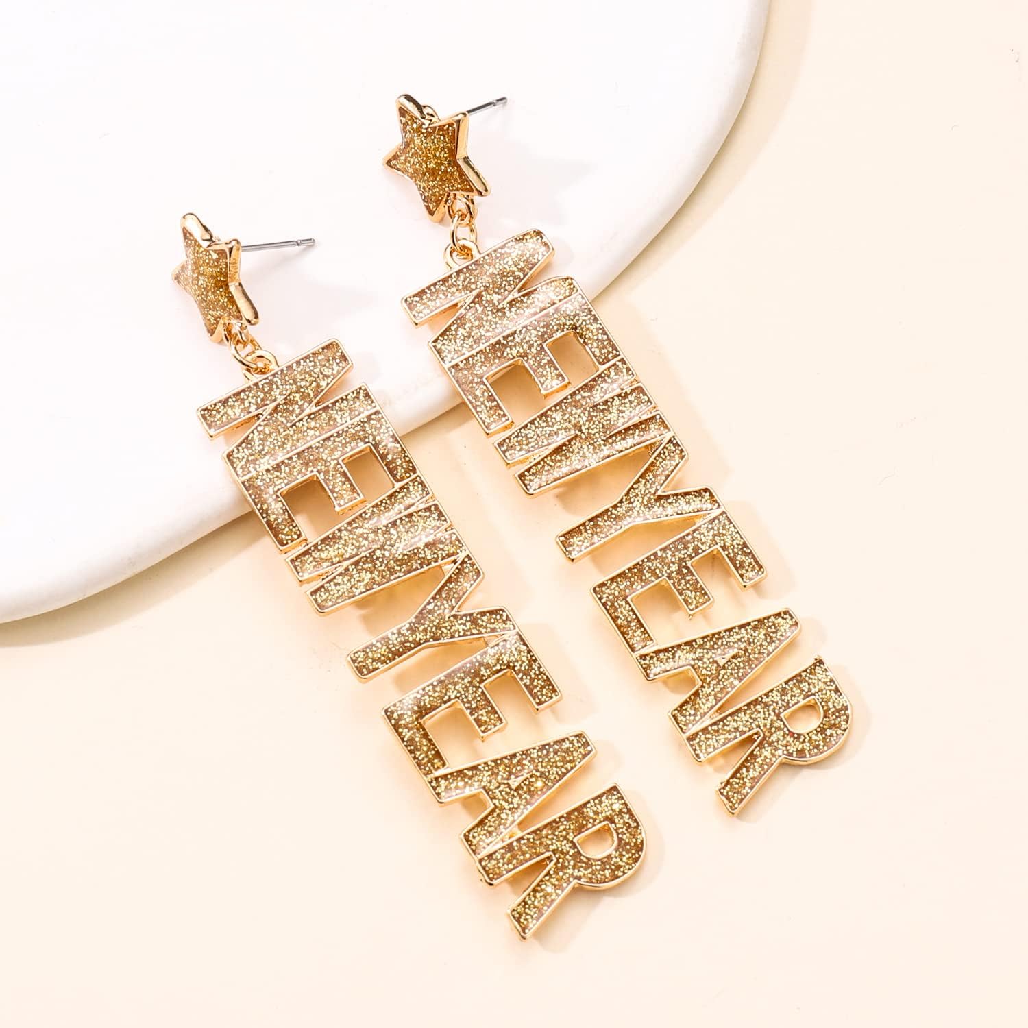 New Year's Eve Glitter Letter Dangle Earrings - Sparkle NYE Party Accessory Jewelry Gifts