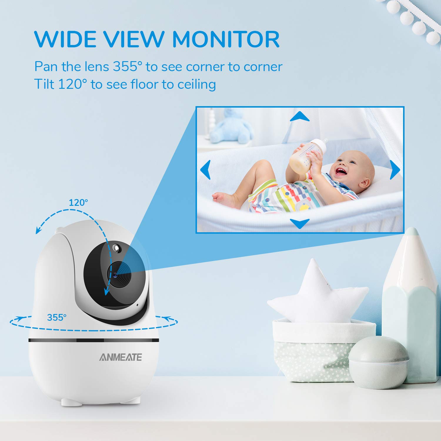 ANMEATE Baby Monitor con fotocamera e audio -3,5 pollici ampio display LCD, panoramica remota, inclinazione e zoom fotocamera, audio bidirezionale, monitoraggio della temperatura, ninna nanna, visione
