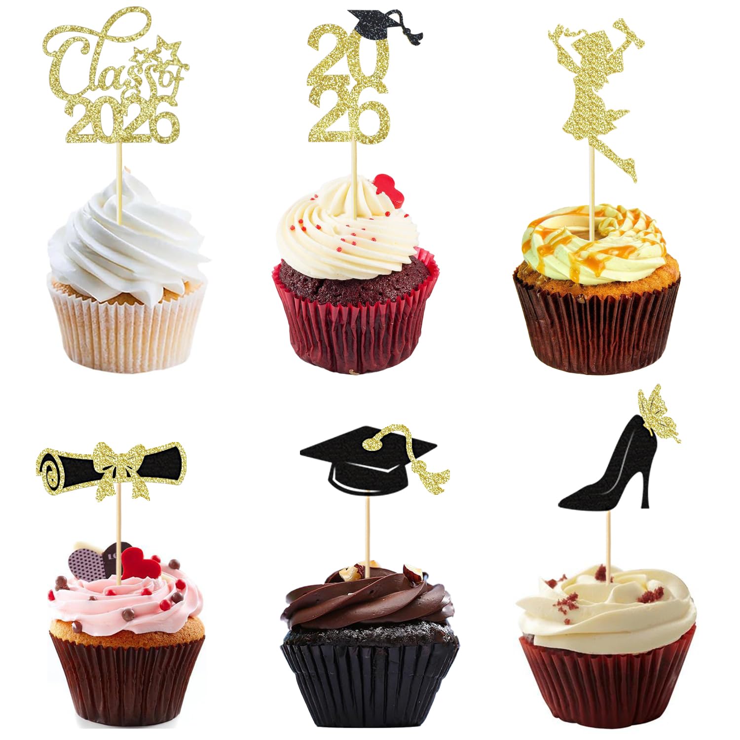 Photo 1 of Chewarelly 24 Pack Congrats Grad Cupcake Toppers Set, Graduation Cupcake Decor, Pre Assemble Class of 2026 Cupcake Picks for Senior High School College Grad Party Decorations(Black with Gold) Girls